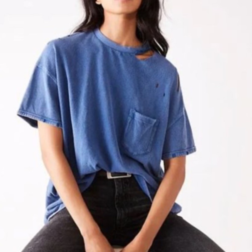 Free People Rubi Ripped Tee Blue M Blue